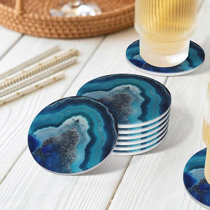 6 Pcs Ceramic Coasters with Holder Absorbent Drink Round Silver and Blue Agate Geode Print Design for Home Table Coffee Cup Wine Beer Bar,Size 4.4 inches