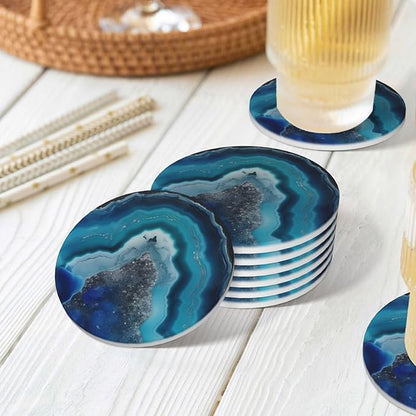 6 Pcs Ceramic Coasters with Holder Absorbent Drink Round Silver and Blue Agate Geode Print Design for Home Table Coffee Cup Wine Beer Bar,Size 4.4 inches
