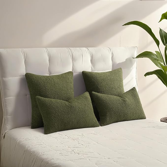 HAUSSY Set of 2 22x22 Decorative Throw Pillow Covers, Soft Cozy Textured Boucle Couch Cases, Home Decor for Couch Bed Living Room, Moss Green