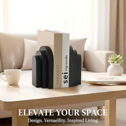 Heavy Duty Book Ends for Shelves, Decorative Bookends for Heavy Books Set of 2, 6.6 LBS Modern Book Stopper for Home Decor, Bookshelf, Aesthetic Bookend with Layered Arch Design, Black