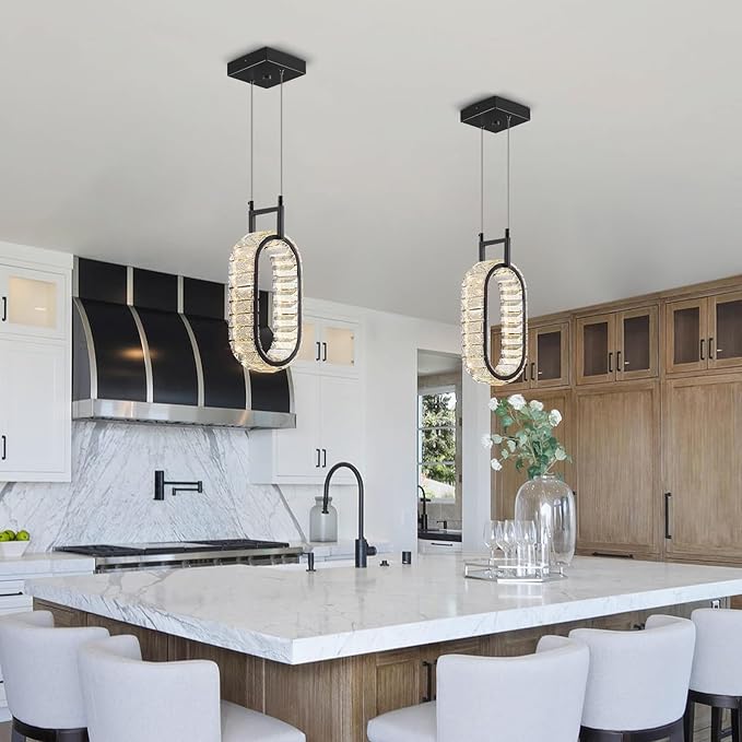 Kitchen Island Mini Light Fixture Modern Led Crystal Pendant Light Black Oval Chandelier for Dining Room Living Room Kitchen Bedroom Bar（1-Pack）