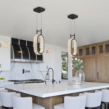 Kitchen Island Mini Light Fixture Modern Led Crystal Pendant Light Black Oval Chandelier for Dining Room Living Room Kitchen Bedroom Bar（1-Pack）