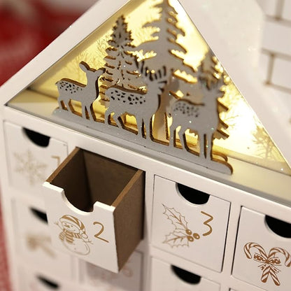 Wooden Christmas Advent Calendar House with 24 Drawers and Led Lights Countdown Calendars for Christmas Decoration 2023, Candy Box (White Forest)