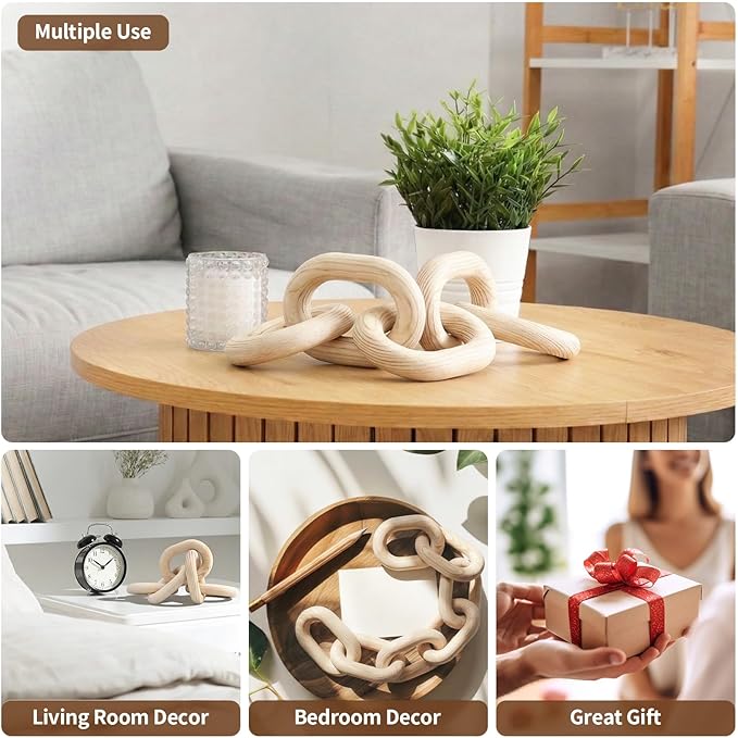 Queekay Decorative Wood Chain Link Decor Rustic 5 Link Wooden Chain Decor Ornament Farmhouse Home Decoration Hand Carved Wooden Crafts Ornaments for Coffee Table(Wood Color,13.78 Inch)