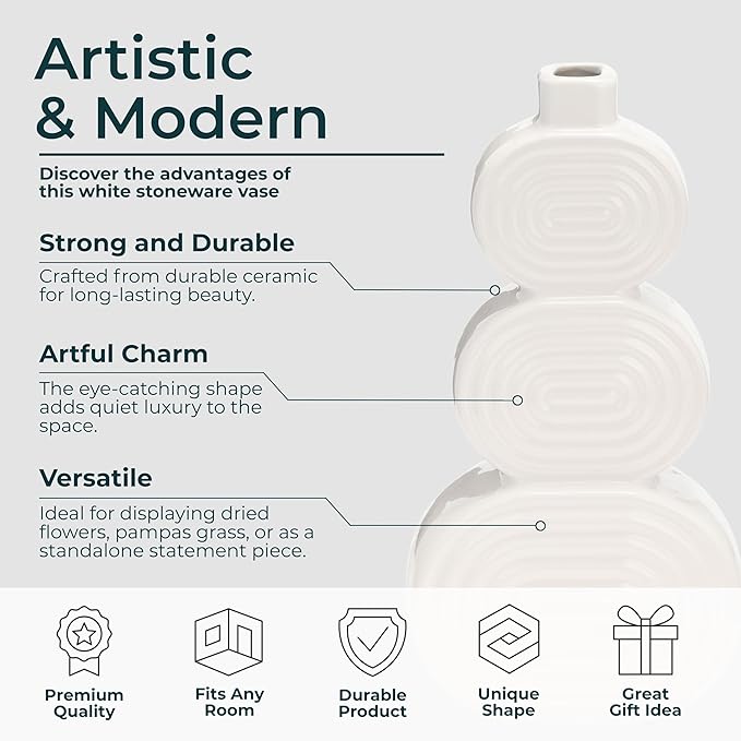 Decorative Flower Vase for Home Decor – Ceramic Modern Flower Vase with Stacked Design, Stylish Table Centerpiece for Living Room or Entry Display, Boho for Faux Flowers and Greenery – 10", White