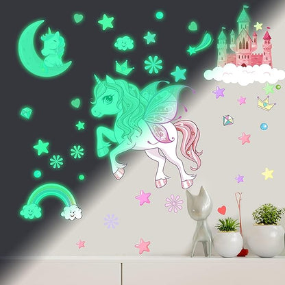 Glow in The Dark Stars Unicorn Wall Decals, Castle Moon Rainbow Stickers for Ceiling, DIY Unicorn Wall Decor for Nursery Girls Playroom, Kids Christmas Birthday Party Decoration