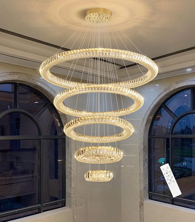 Modern Chandelier 8"+16"+24"+32"+40" 5 Rings Crystal LED Dimmable Lighting Foyer Entryway High Ceiling Living Room Chanderliers Pendant Lights Fixtures Gold Light