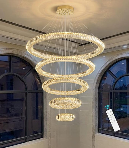 Modern Chandelier 8"+16"+24"+32"+40" 5 Rings Crystal LED Dimmable Lighting Foyer Entryway High Ceiling Living Room Chanderliers Pendant Lights Fixtures Gold Light
