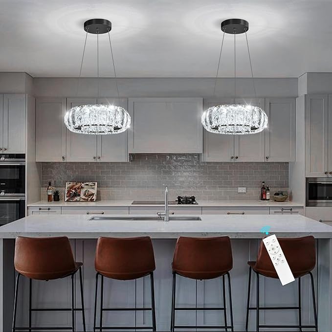 LED Ring Chandelier Modern Pendant Lights for Kitchen Island Dining Room Remote Dimmable Hanging Light Entryway Bedroom Crystal Lighting Black Chandeliers