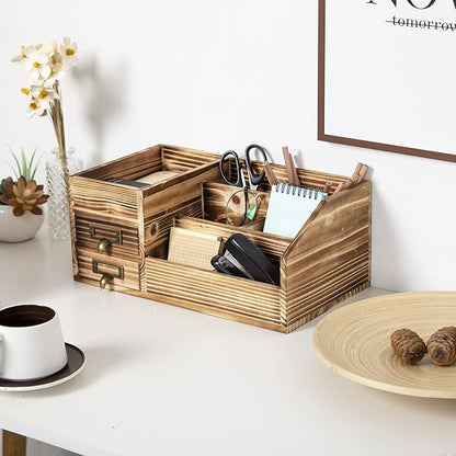 Distressed Rustic Wooden Office Desktop Drawers Organizer Wood Shelf Tabletop Home Organizer Storage with Multiple Compartments,perfect Jewelry storage Display Box for Desk, Vanity (Dark Brown)