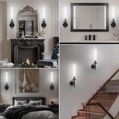 Black Wall Sconces Set of Two with White Light, 19.48'' Brushed Brass Knurled Bathroom Sconces Wall Lighting Vanity Light with Clear Glass for Living Room Mirror Bedroom Stairs