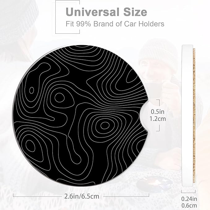 Car Coasters Topographic Cup Holder,Black Contour Map Cute Coasters,2 Pack Anti Slip Ceramic Car Cup Holder Accessories with Finger Notch for Women Men 2.56"