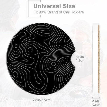 Car Coasters Topographic Cup Holder,Black Contour Map Cute Coasters,2 Pack Anti Slip Ceramic Car Cup Holder Accessories with Finger Notch for Women Men 2.56"
