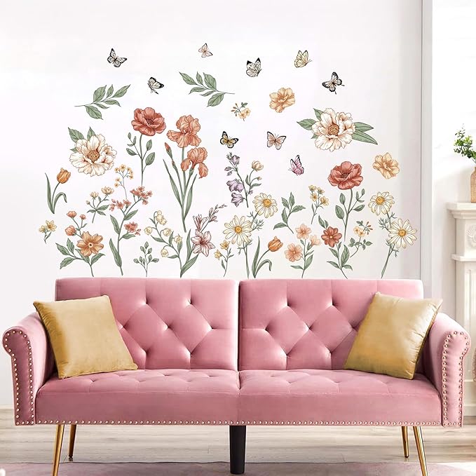 Watercolor Boho Flowers Wall Decals Wildflower Butterfly Garden Wall Stickers Removable Wall Art Decor for Living Room Bedroom