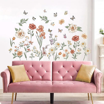 Watercolor Boho Flowers Wall Decals Wildflower Butterfly Garden Wall Stickers Removable Wall Art Decor for Living Room Bedroom
