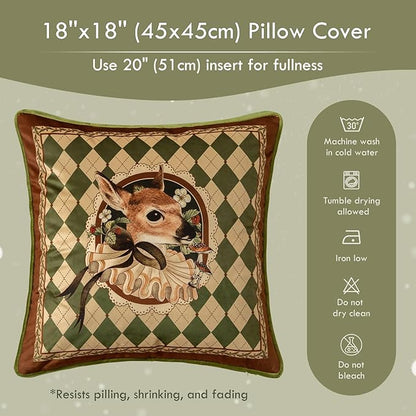 Grandmillennial Checkered Pillow Cover, Velvet Euro Sham Covers Decorative Throw Pillow Covers 18x18 for Couch Sofa Bed Living Room, Christmas & Holiday, Deer Green