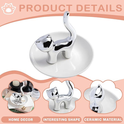 OSOPOLA Ceramic Silver Cat Jewelry Tray - Decorative Ring Holder Dish Key Tray Cute Jewelry Plate Trinket for Earrings,Necklaces,Women,Home Decor,Christmas Birthday Mother's Day Gifts HE02CT