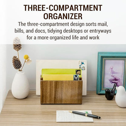 MyGift 3 Slot Premium Acacia Solid Wood Mail Holder, Entryway Countertop Letter Organizer, Office Desktop File Sorter, Bill Divider, Envelope Storage Bin