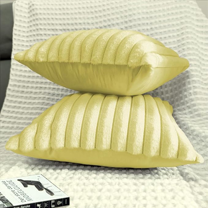 2 Pack 18x18 Pillow Cover Velvet Pillow Covers, Faux Fur Square Throw Pillow Covers for Living Room Decorations Throw Pillow Case, Throw Pillow Cover Cushion Cover for Sofa Bedroom Car, Lemon Yellow