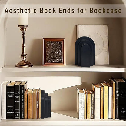 Heavy Duty Book Ends for Shelves, Decorative Bookends for Heavy Books Set of 2, 6.6 LBS Modern Book Stopper for Home Decor, Bookshelf, Aesthetic Bookend with Layered Arch Design, Black