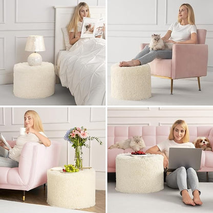Hansleep Pouf Ottoman Foam Filled 20 x 15, Faux Fur Round Ottoman Foot Rest for Chair with Washable Cover, Foot Stools Under Desk for Living Room & Bedroom, Beige