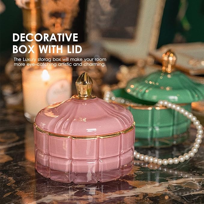 Glass Candy Dish Decorative Bowl, Apothecary Jars with Lids Bathroom Glass Jars for Cotton Ball or Cotton Swab Jewelry Storage Boxes with Lids, Crystal Pink Gifts for Women