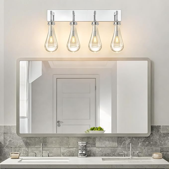 Raindrop Wall Sconces Chrome Crystal Sconces Wall Decor Modern Lighting Glass Bathroom Sconces Indoor Vanity Light Wall Lamp for Bedroom Living Room Stair(4-Light)