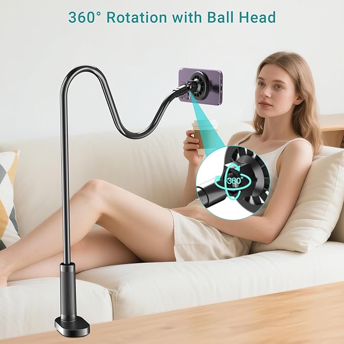 Gooseneck Phone Holder for Bed, Magnetic Cell Phone Stand for iPhone 16 15 14 13 12 Pro Max Plus Mini, Flexible Long Arm Mount 360 Adjustable for Desk Bedside Filming