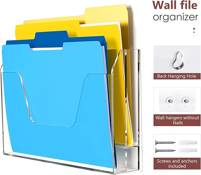 Acrylic Hanging Wall File Organizer, 2-Tier Mail Organizer Wall Mounted Magazine Wall File Holder, Paper Folder Organizer for Office, Desk, School
