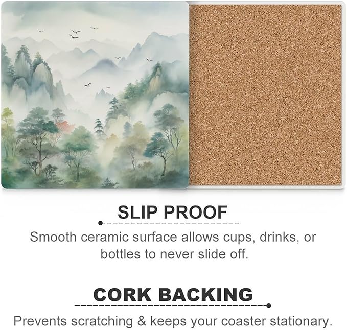 Forest Drink Coasters,Square Ceramic Drink Coaster 6PCS, Watercolor Style Nature Woodland Green Forest Mountain Plant Flying Birds Decor Absorbent Ceramic Coasters for Beverage Cup, Bar, Coffee Table