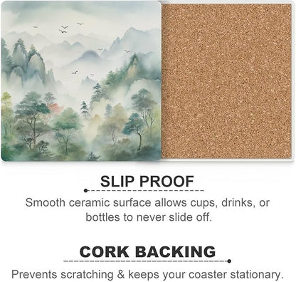 Forest Drink Coasters,Square Ceramic Drink Coaster 6PCS, Watercolor Style Nature Woodland Green Forest Mountain Plant Flying Birds Decor Absorbent Ceramic Coasters for Beverage Cup, Bar, Coffee Table