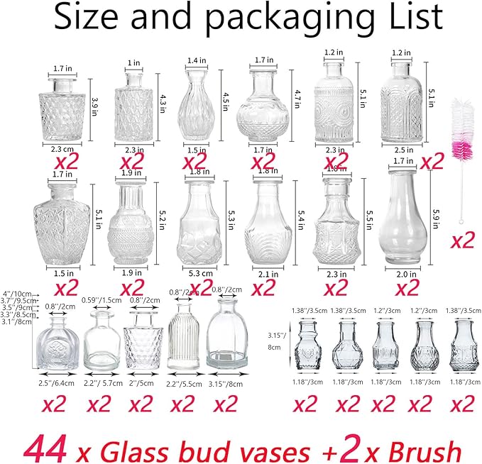 Glass Bud Vase Set of 44 Bud Vases in Bulk with 2 Brushes, Glass Vases for Centerpieces Cute, Vintage Wedding Decor Clear Bulk Mini Vase for Rustic Wedding Decorations, Home Table Flower Decor