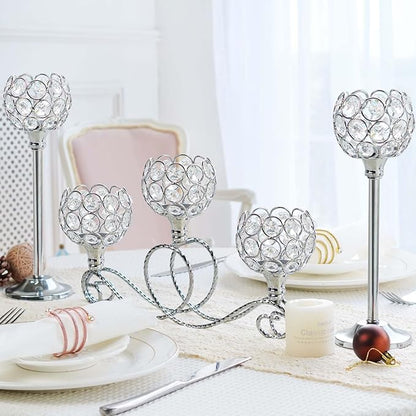 Silver Set of 6 Metal Crystal Tea Light Candle Holder, Elegant Wedding Table Centerpiece Candle Holder, Christmas Wishing Crystal Bowl Candle Holder Suitable for Wedding Party Living Room Decoration