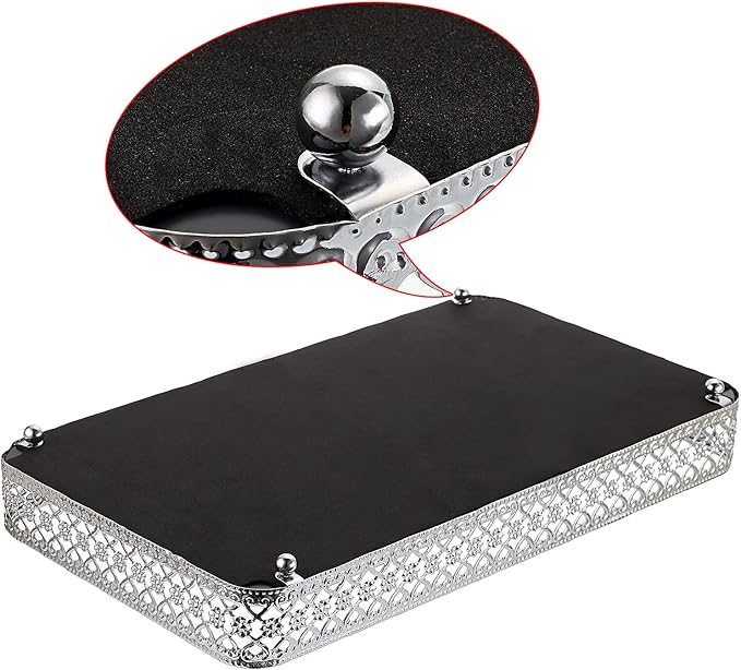 ELLDOO Perfume & Makeup Mirror Tray - Silver Metal Organizer for Dresser & Bathroom Countertop, Hollow-Carved Design Jewelry Storage Large Size 13.8" x 7.9"