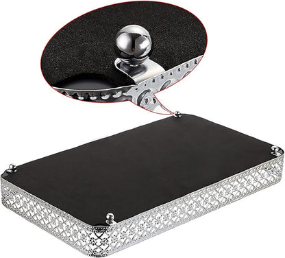 ELLDOO Perfume & Makeup Mirror Tray - Silver Metal Organizer for Dresser & Bathroom Countertop, Hollow-Carved Design Jewelry Storage Large Size 13.8" x 7.9"