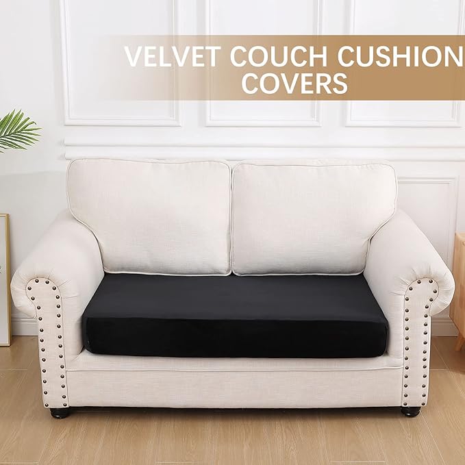 hyha Velvet Couch Cushion Covers, Soft Sofa Seat Covers for sectional 2 Cushion Couch Washable, Magic Sofa Slipcover with Elastic Bottom, Non-Slip Furniture Protector for Pets, Kid(Medium, Black)