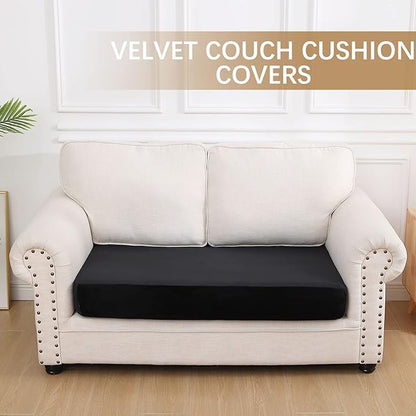 hyha Velvet Couch Cushion Covers, Soft Sofa Seat Covers for sectional 2 Cushion Couch Washable, Magic Sofa Slipcover with Elastic Bottom, Non-Slip Furniture Protector for Pets, Kid(Medium, Black)