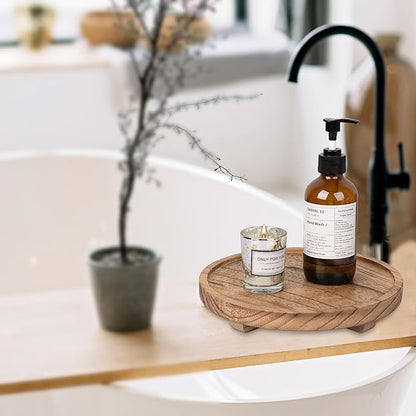 Round Decorative Tray Wood Bathroom Counter Organizer Farmhouse Kitchen Decor Wooden Riser for Soap Dish, Perfume, Candle, Sponge, 9" - Brown
