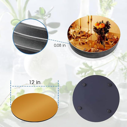 VASUHOME 12" Gold Mirror Centerpieces for Tables, Round Mirror Plates Set for Candle, Wedding, Party Decorations, Circle Mirror Trays with Smooth Edge and Cushioned Feet, 2mm Thick