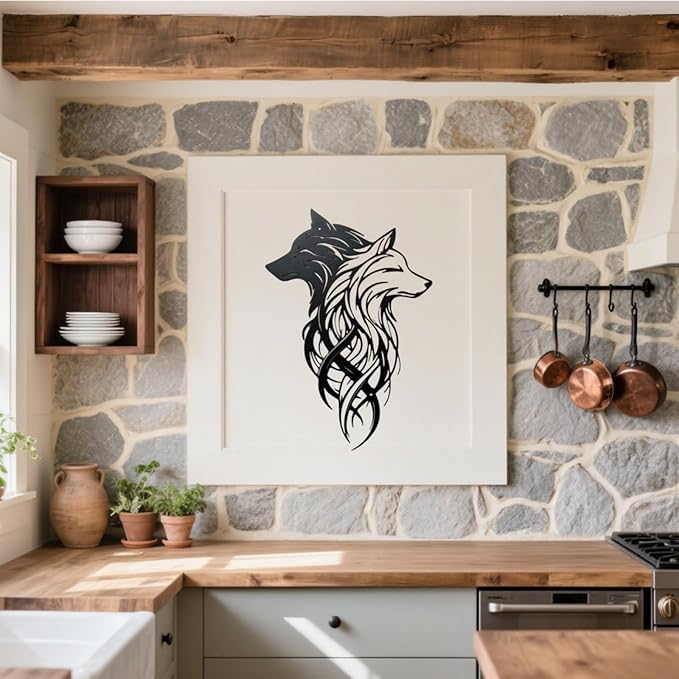Metal Wolf Wall Art - Yin Yang Black White Dual Wolf Heads Metal Wall Decor, Rustic Home Decor for Cabin Lodge, Office, Living Room, bathroom, Man Cave, 15.7x10.6 Inch, Housewarming Gift for Men