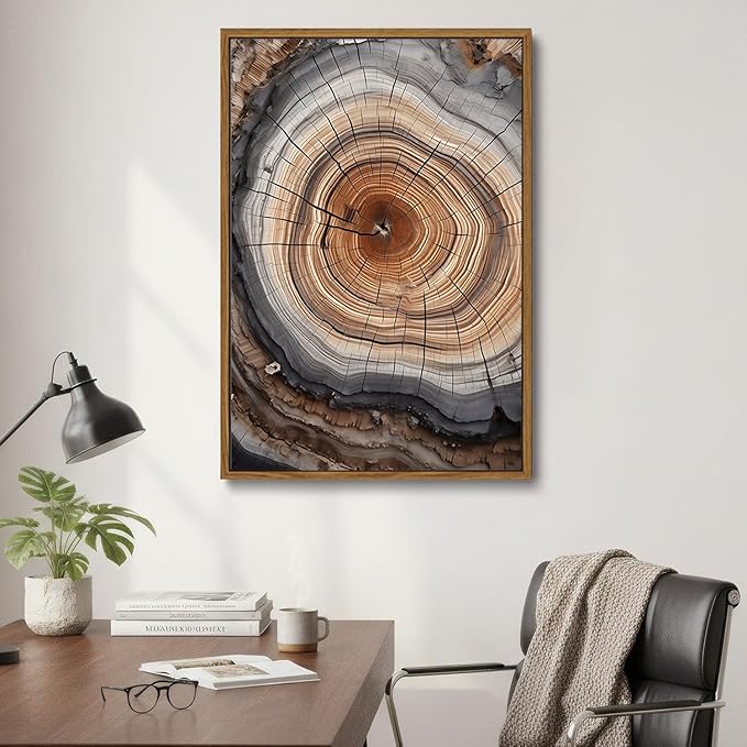 IBHJSART Framed Tree Ring Canvas Wall Art Vintage Colorful Wood Stump Painting Prints Modern Minimalist Pictures Neutral Nature Rustic Farmhouse Decor Living Room Bedroom Bathroom Office