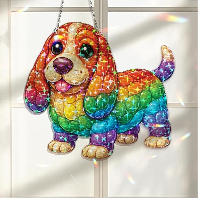 Rainbow Puppy Joy Acrylic Suncatcher, Window Hanging Sun Catcher Ornament, Crystal Prism Light Catcher Decor, Sunlight Window Decor, Aesthetic Home Decor Gift