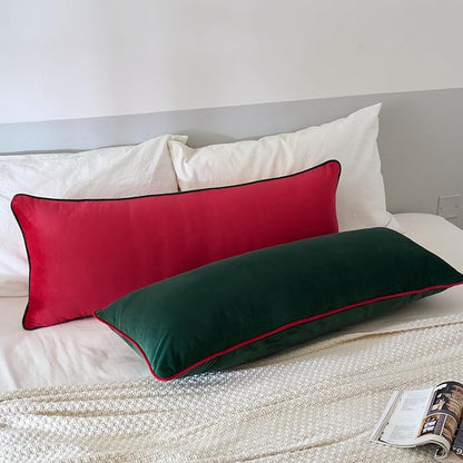 LIGICKY Christmas Long Lumbar Pillow Cover 14x36 inch Red Velvet Dark Green Rope Edging Throw Pillow Covers Decorative Rectangular Body Pillow Case Cushion Cover for Bed Couch(Cover Only)