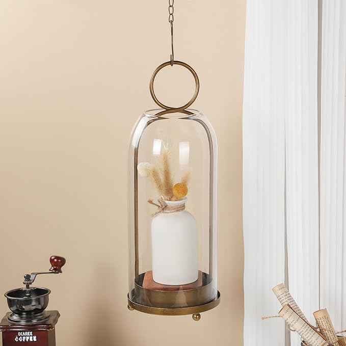 16" High Versatile Modern Metal Hurricane Lantern with Handmade Sturdy Glass Dome in Antique Brass for Pillar Candle & Plants, Industrial, Farmhouse, Shabby Chic (Brass, 6.3"x16.5")