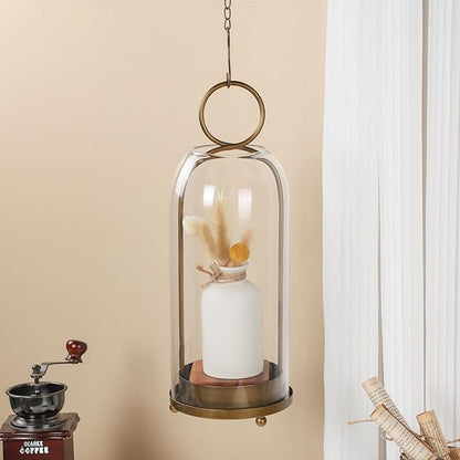 16" High Versatile Modern Metal Hurricane Lantern with Handmade Sturdy Glass Dome in Antique Brass for Pillar Candle & Plants, Industrial, Farmhouse, Shabby Chic (Brass, 6.3"x16.5")