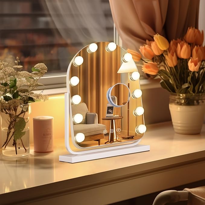 Makeup Mirror with Lights-3 Modes,Smart Touch Control,Detachable 10X Magnification,15.7"×11.8" Hollywood Vanity,360° Rotation （White）