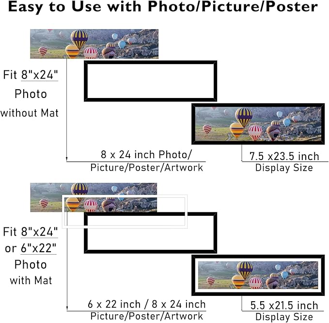 8x24 Picture Frame Set of 2 with 6x22 Mat, Panoramic Picture Frame Display Photo 6x22 with Mat or 8 x 24 Without Mat, Wall Hanging Large 8 by 24 Poster Frame with Plexiglass, 2 Pack, Black