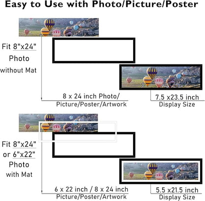 8x24 Picture Frame Set of 2 with 6x22 Mat, Panoramic Picture Frame Display Photo 6x22 with Mat or 8 x 24 Without Mat, Wall Hanging Large 8 by 24 Poster Frame with Plexiglass, 2 Pack, Black