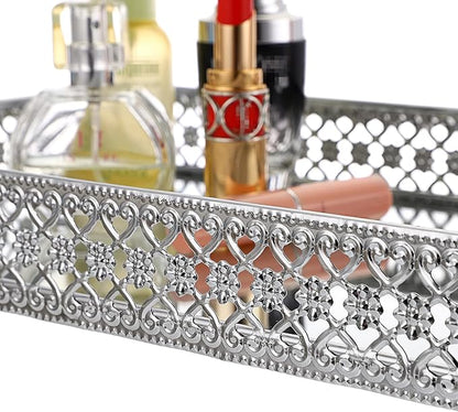 ELLDOO Perfume & Makeup Mirror Tray - Silver Metal Organizer for Dresser & Bathroom Countertop, Hollow-Carved Design Jewelry Storage Large Size 13.8" x 7.9"