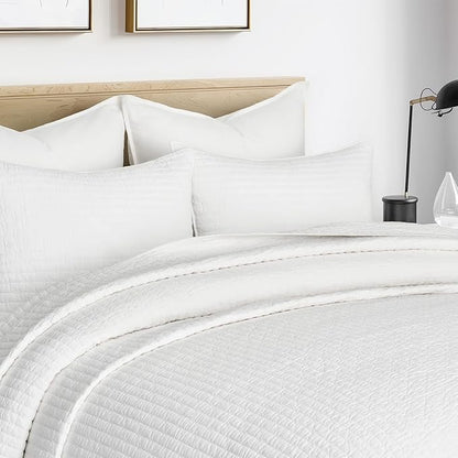 EVERGRACEHOME Cross Stitch Pre-Washed Cotton Quilt Bedding Set King Size, Oversized 3 Pieces Lightweight Bedspread Coverlet for All Season, with 2 Matching Shams, Bright White,118"x106"